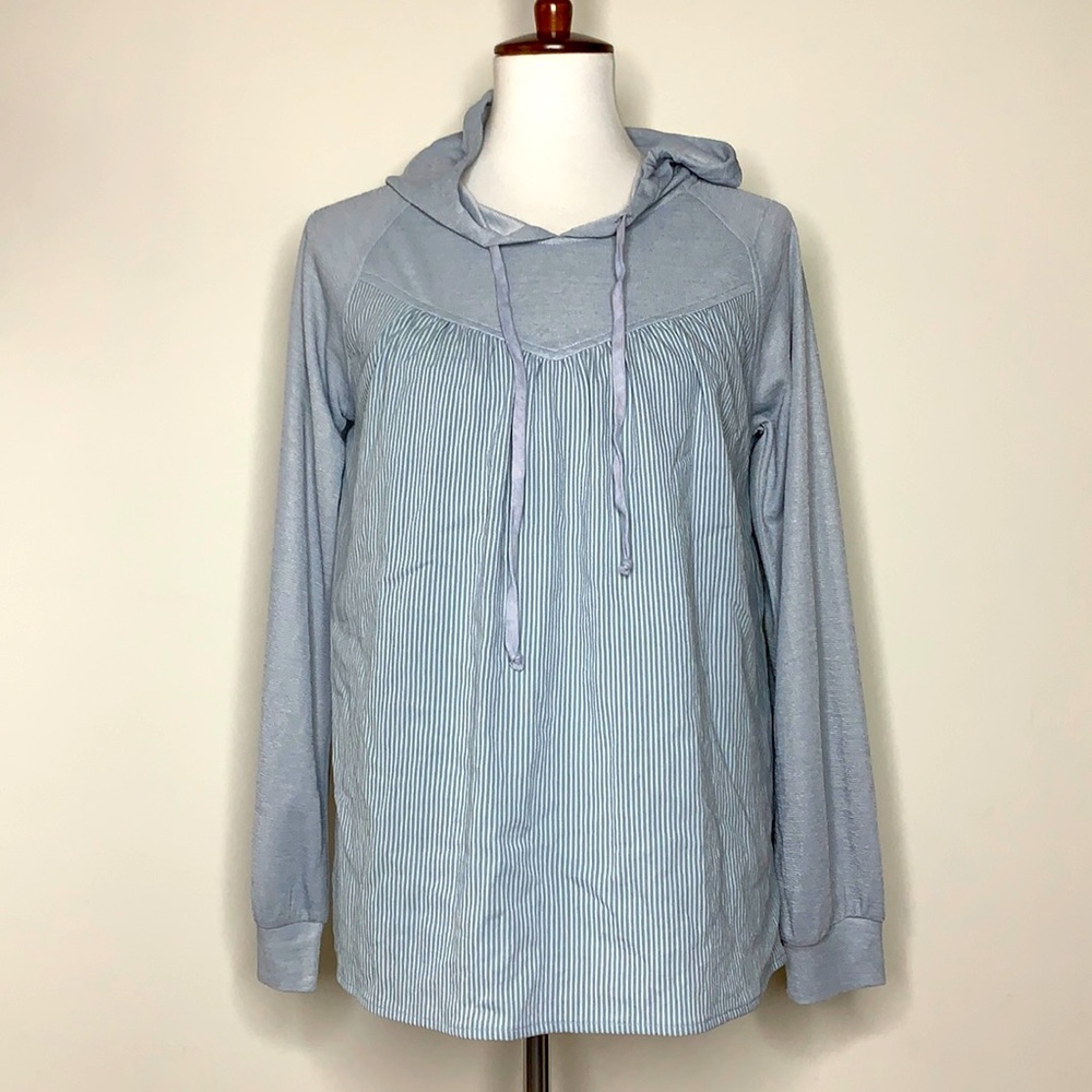 DOE & RAE Striped White Blue Hooded Blouse Top S